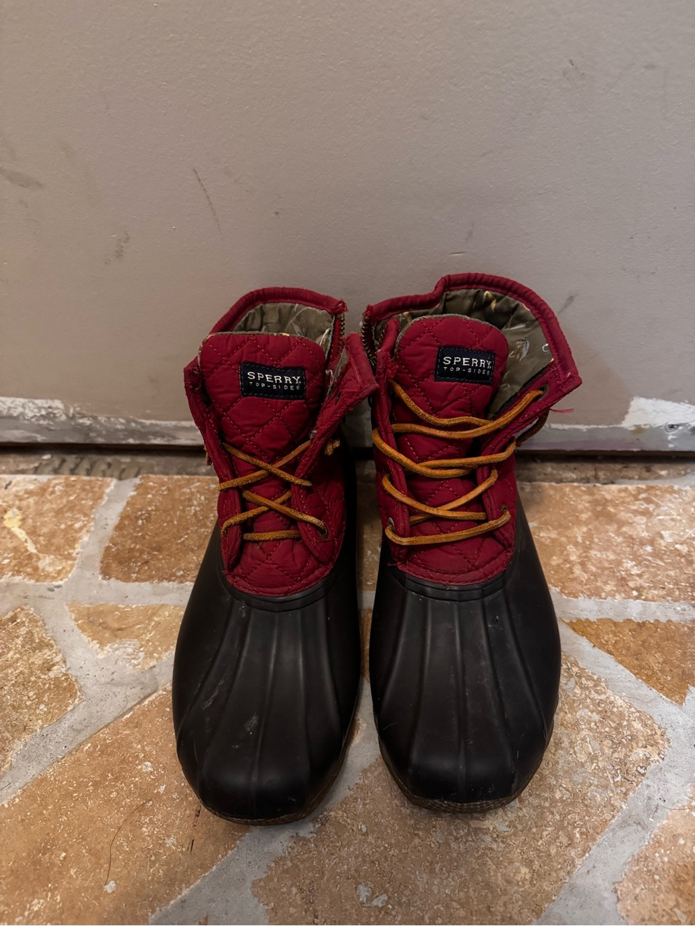Sperry Red Quilted Waterproof Rubber Boots with Black Shell